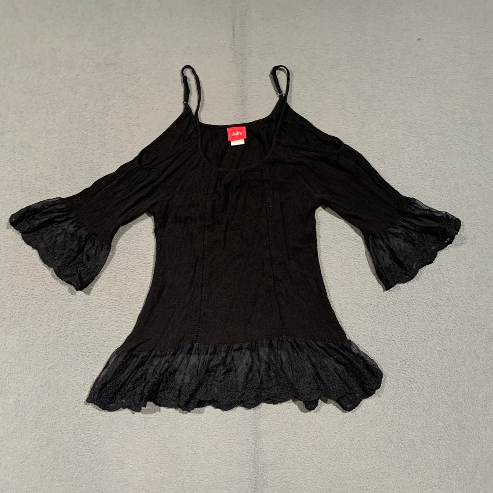 Daytrip Cold Shoulder Top Women Medium Black Lace Bell Sleeve Boho Goth Tunic